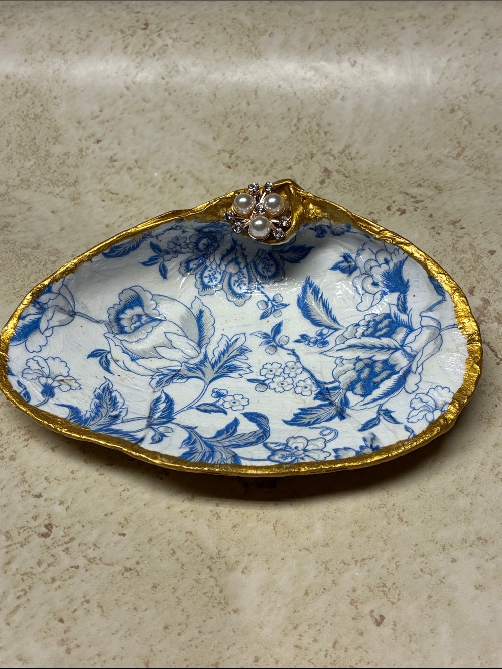 Floral Blue and Gold Decorative Shell Dish